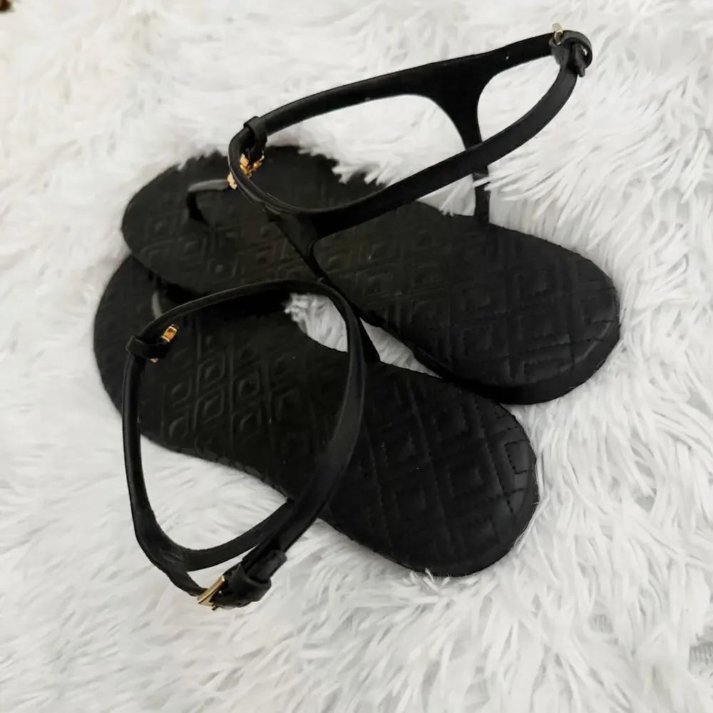 TORY BURCH | Marion Quilted Leather Flat Sandals Black & Gold Ankle Strap | 10